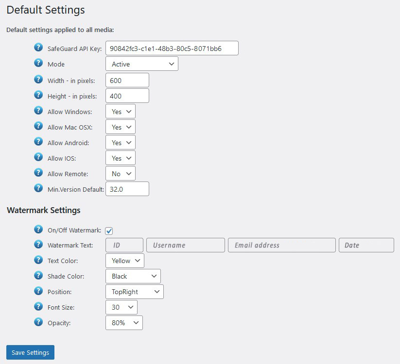 WordPress plugin settings for SafeGuard WordPress